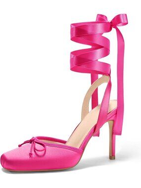Women's Hot Pink Satin Closed Square Toe Ballerina Heels Lace Up Bow Pumps Shoes